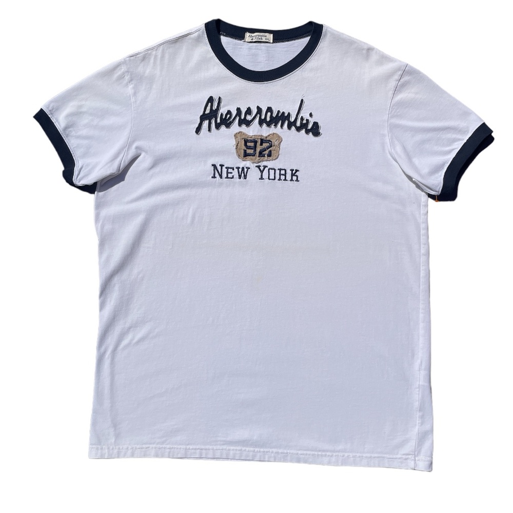 Mens ABERCROMBIE & FITCH White & Navy Ringer w/ Navy Blue Applique Logo T-sh